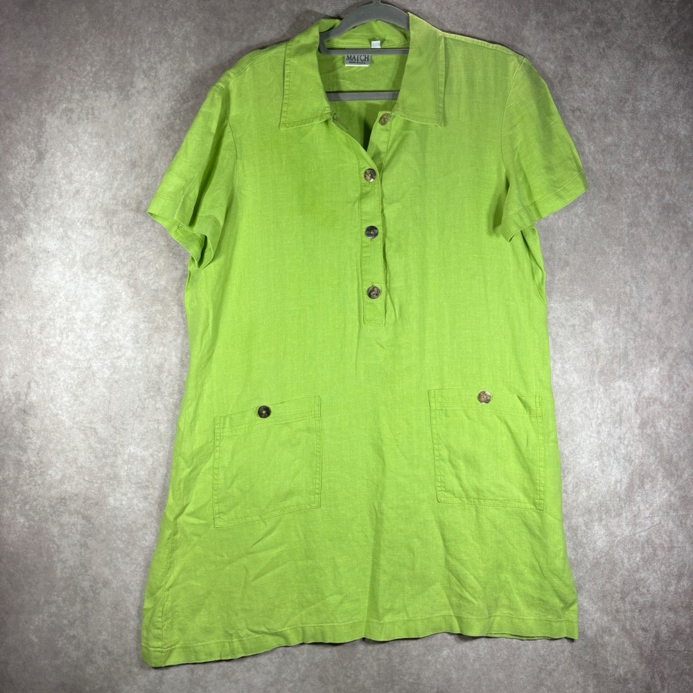 Match Dress Womens 14 Green 100% Linen Short Sleeve Button Front Pockets USA
